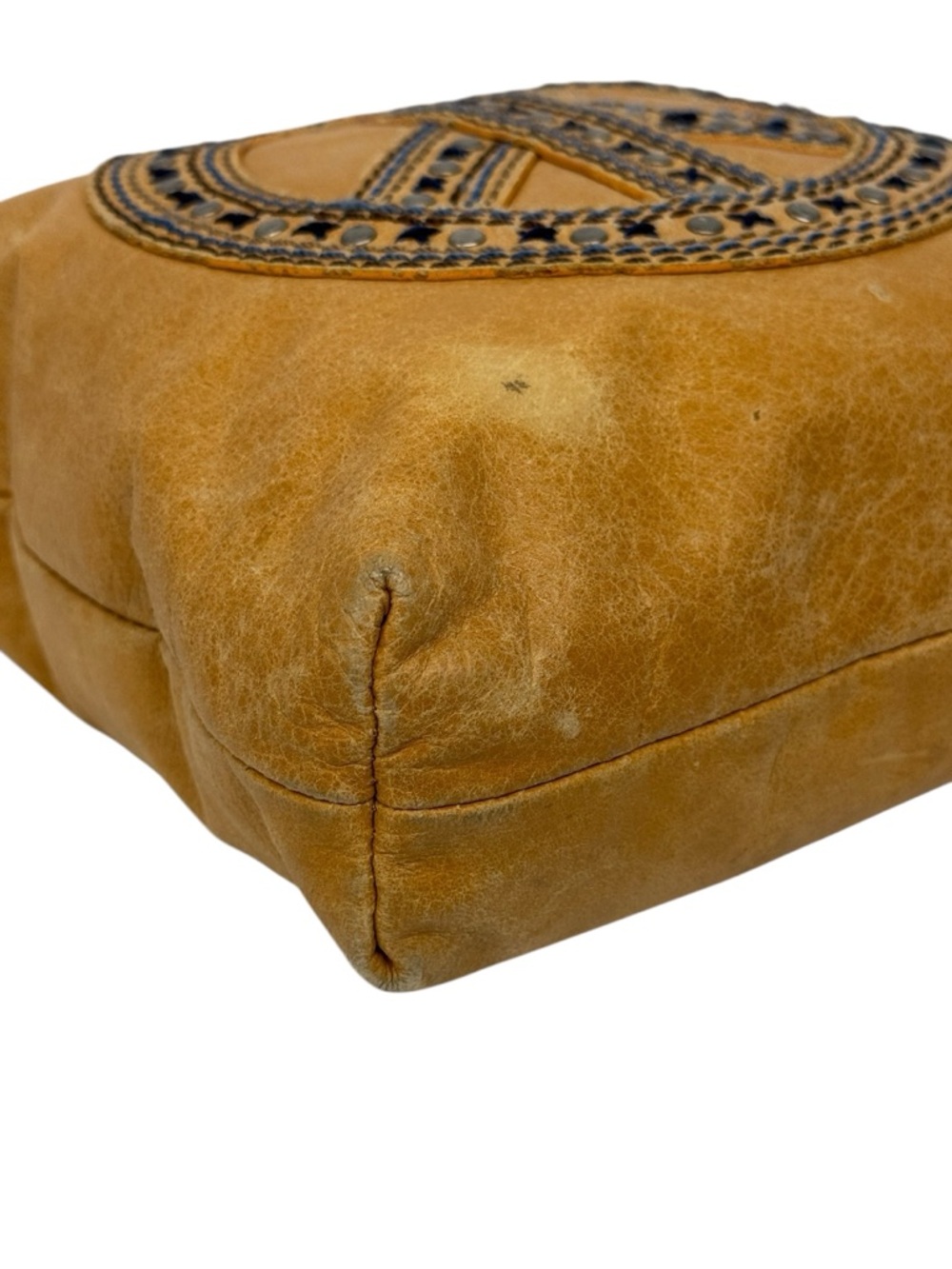 The Sak Camel Brown Leather Peace Sign Design Crossbody Studded Purse Bag 11x11 - Picture 10 of 16